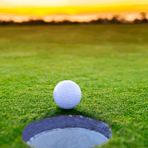 Golf ball sitting by the hole on a golf course