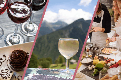 Image with wine glasses and dessert, wine with mountain in the background, people cooking and a person smelling wine