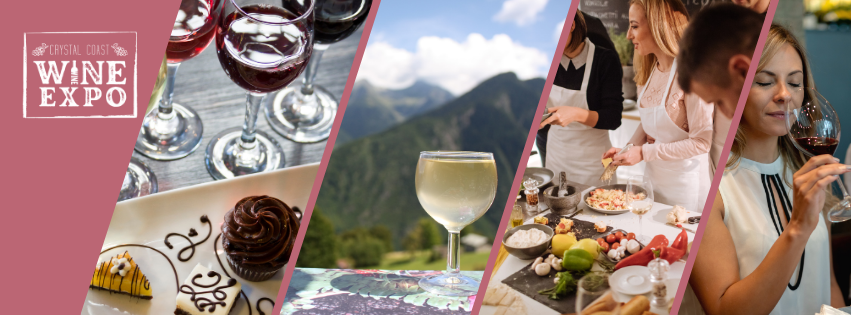 Image with wine glasses and dessert, wine with mountain in the background, people cooking and a person smelling wine