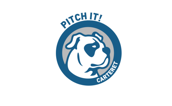 A circular logo featuring a stylized bulldog head in blue and white, enclosed within a blue ring. The words "PITCH IT!" are curved along the top, and "CARTERET" is curved along the bottom, both in bold uppercase letters. The background inside the ring is a lighter gray shade.