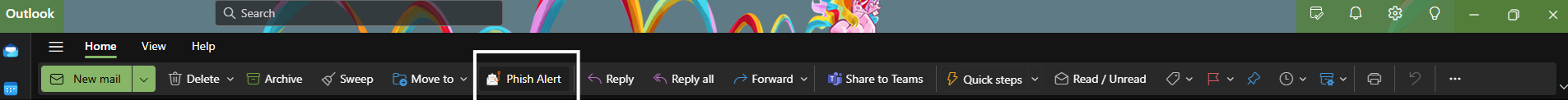 A screenshot of the Microsoft Outlook toolbar displaying the "Phish Alert" button. The button is highlighted in the toolbar among other options such as "New Mail," "Delete," "Archive," "Reply," and "Forward."