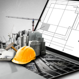 A laptop displaying architectural blueprints on the screen, with 3D elements emerging from the keyboard including buildings, a construction crane, a hard hat, blueprints, and a measuring tool—symbolizing engineering and construction planning through technology.