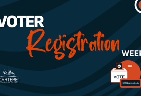 "Dark blue graphic with orange and white text that reads 'Voter Registration Week.' The Carteret Community College logo is at the bottom left. An illustration of a ballot box with the word 'VOTE' is on the bottom right, with text directing viewers to email SGA@carteret.edu for details."