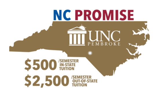 A NC map with the words nc promise at the top and words $500 semester in state tuition and $2500 out of state tuition. With the UNC Pembroke logo