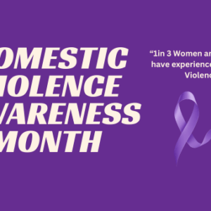 Purple graphic with the words Domestic violence awareness month on it