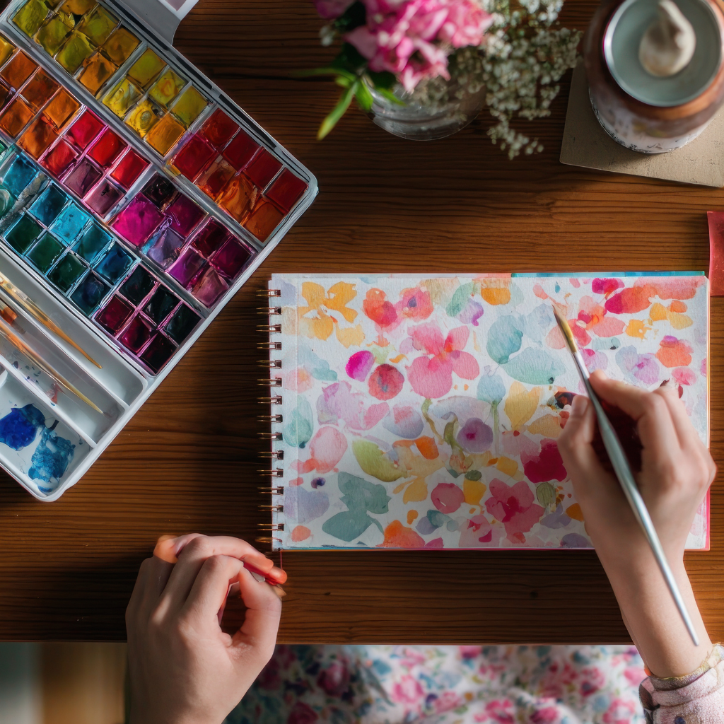 Person painting flowers with watercolors