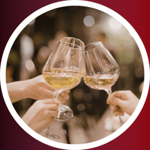 Close-up photo of three hands holding large wine glasses filled with white wine, clinking together in a toast. The background is softly blurred with warm lights, creating a festive and elegant atmosphere. The image is framed by a white circular border on a gradient background that fades from deep burgundy to red.