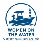 Logo for Women on the Water program at Carteret Community College. Design shows a silhouette of a person operating a motorboat on waves with a lighthouse in the background, enclosed in a circular frame. Text below reads ‘Women on the Water’ and ‘Carteret Community College