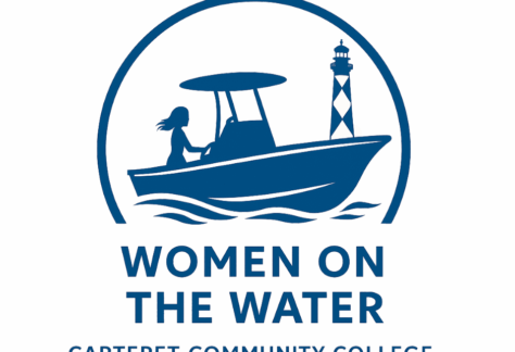 Logo for Women on the Water program at Carteret Community College. Design shows a silhouette of a person operating a motorboat on waves with a lighthouse in the background, enclosed in a circular frame. Text below reads ‘Women on the Water’ and ‘Carteret Community College